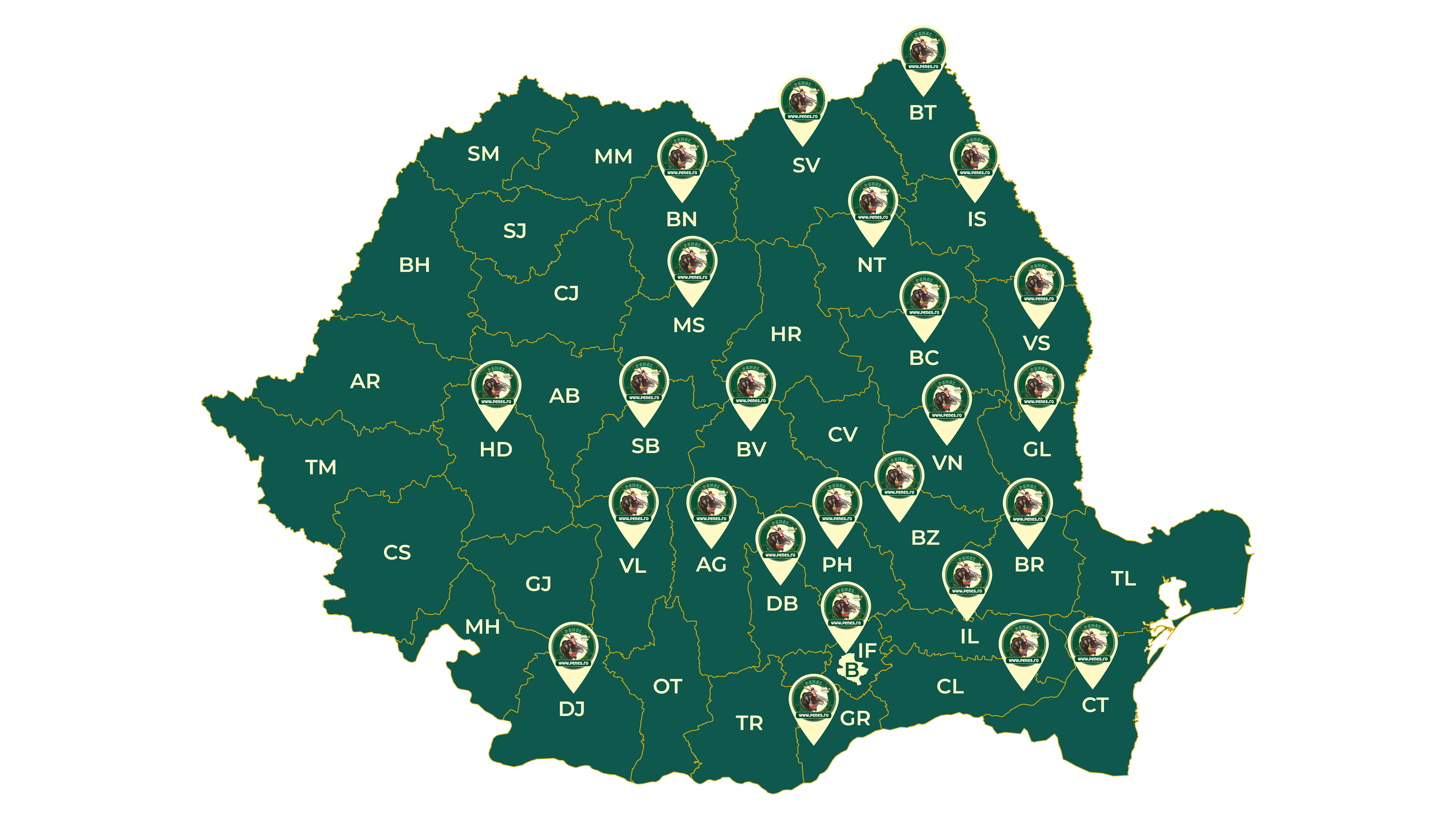 Harta locațiilor magazinelor Penes Curcanul din România.