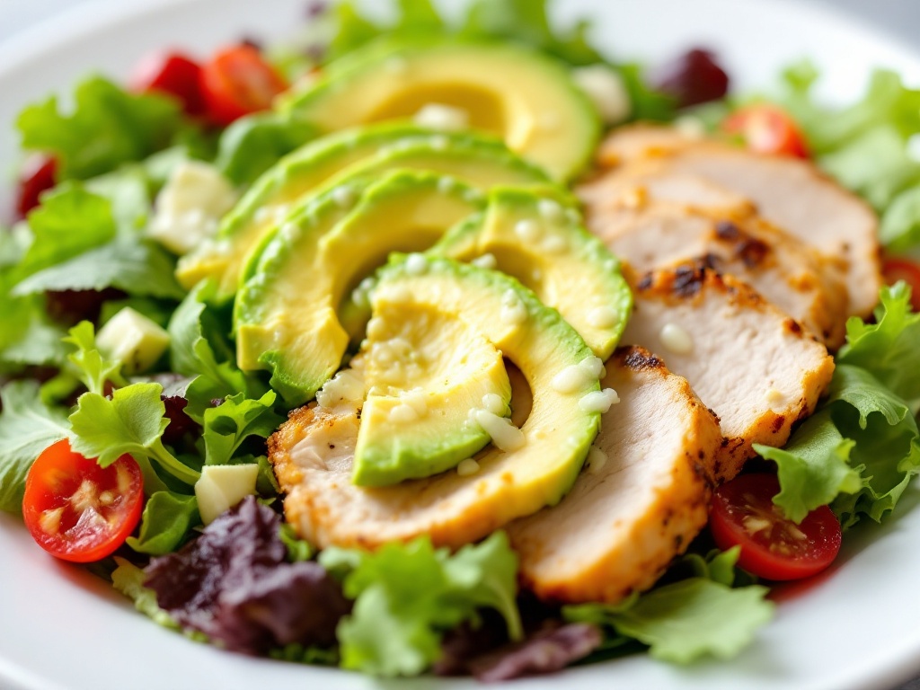 Salată cu piept de curcan, avocado și dressing de lămâie, ideală pentru pierderea în greutate.