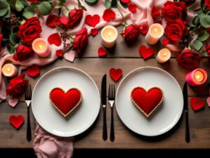 O masă elegantă aranjată pentru două persoane, cu decor de Ziua Îndrăgostiților, incluzând inimioare, trandafiri roșii și lumânări aprinse, creând o atmosferă romantică perfectă.