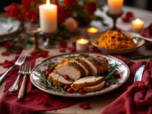 Un platou elegant cu felii de carne de curcan gătite perfect, asezonate cu rozmarin și merișoare, alături de un piure de cartofi dulci, într-un decor romantic cu lumânări aprinse pentru o cină specială de Ziua Îndrăgostiților.