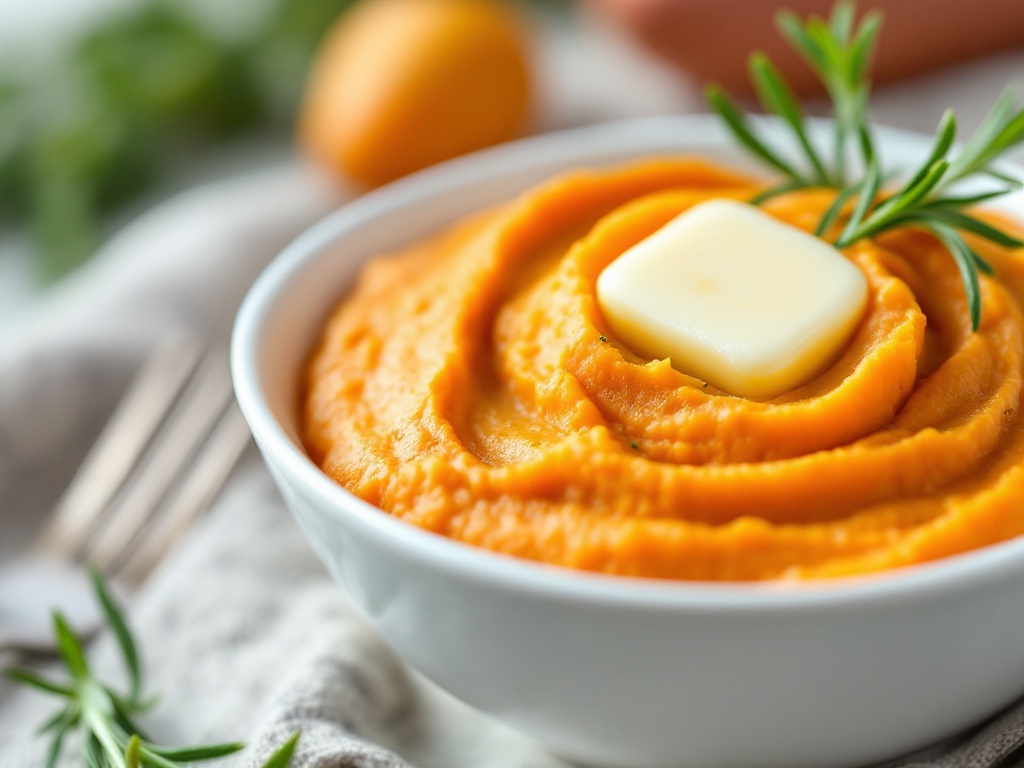Piure cremos de cartofi dulci cu rozmarin - garnitură perfectă pentru carnea de curcan Peneș