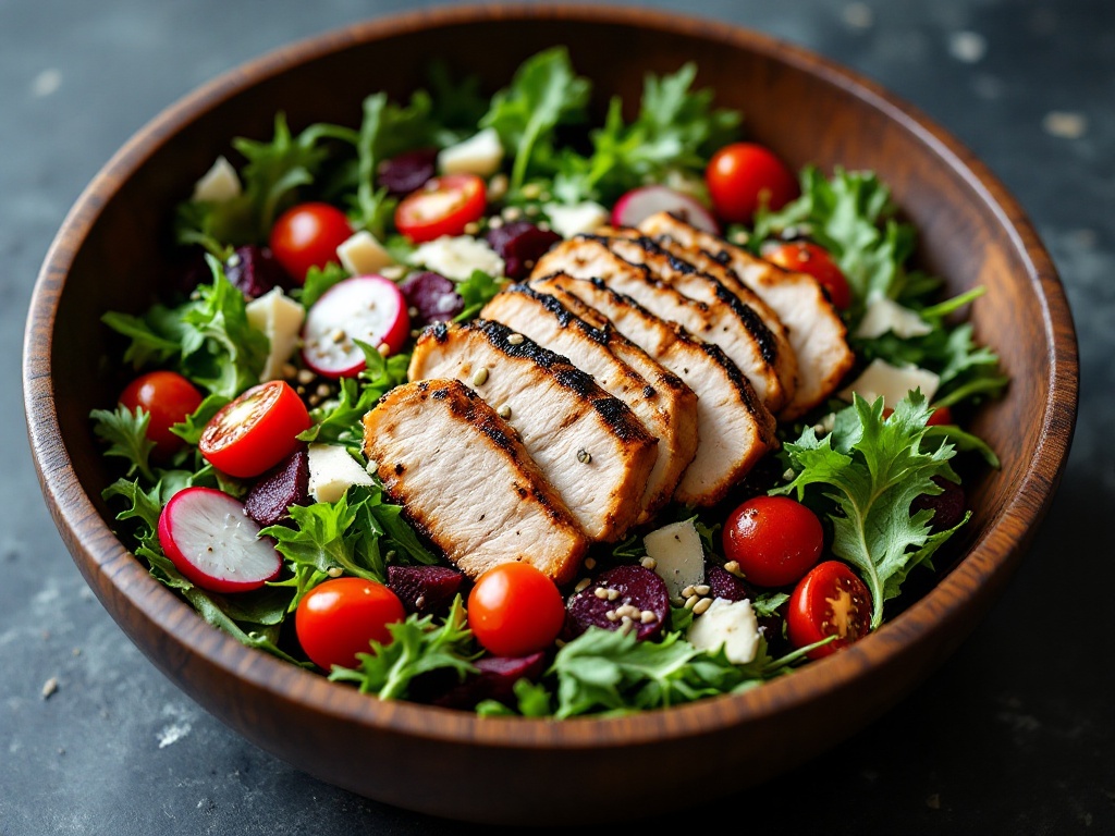 Salată vibrantă într-un bol de lemn, cu rucola, roșii cherry, parmezan ras, semințe de dovleac și in, sfeclă roșie și fâșii de piept de curcan la grătar, ideală pentru o digestie ușoară.
