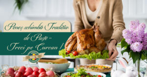 O femeie pune curcanul intreg pe masa de paste cu carnea de curcan gătita perfect.
