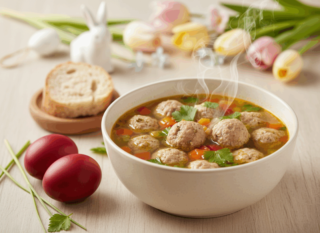 Descoperă rețete românești de Paște reinterpretate cu carne de curcan: drob cu verdeață, sarmale din mix piept și pulpă, ciorbă de perișoare și salată boeuf cu piept de curcan. Tradiție, gust și un meniu mai ușor pentru toată familia.