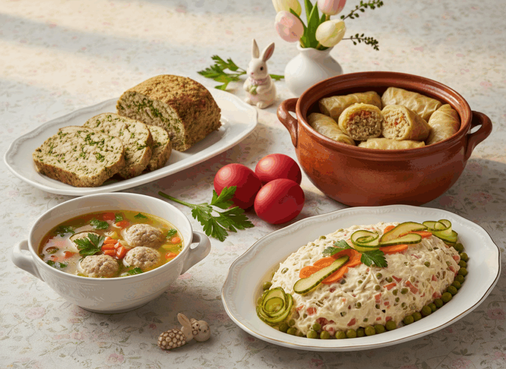 Descoperă rețete românești de Paște reinterpretate cu carne de curcan: drob cu verdeață, sarmale din mix piept și pulpă, ciorbă de perișoare și salată boeuf cu piept de curcan. Tradiție, gust și un meniu mai ușor pentru toată familia.
