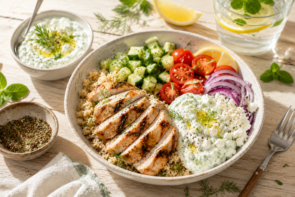 Bol estival cu curcan și sos Tzatziki (Light Dinner)